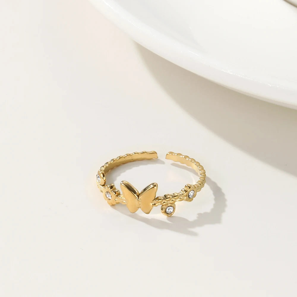 YACHAN Fashion Simple Cute Butterfly Rings for Women Elegant Charm Adjustable Ring Stainless Steel Jewelry
