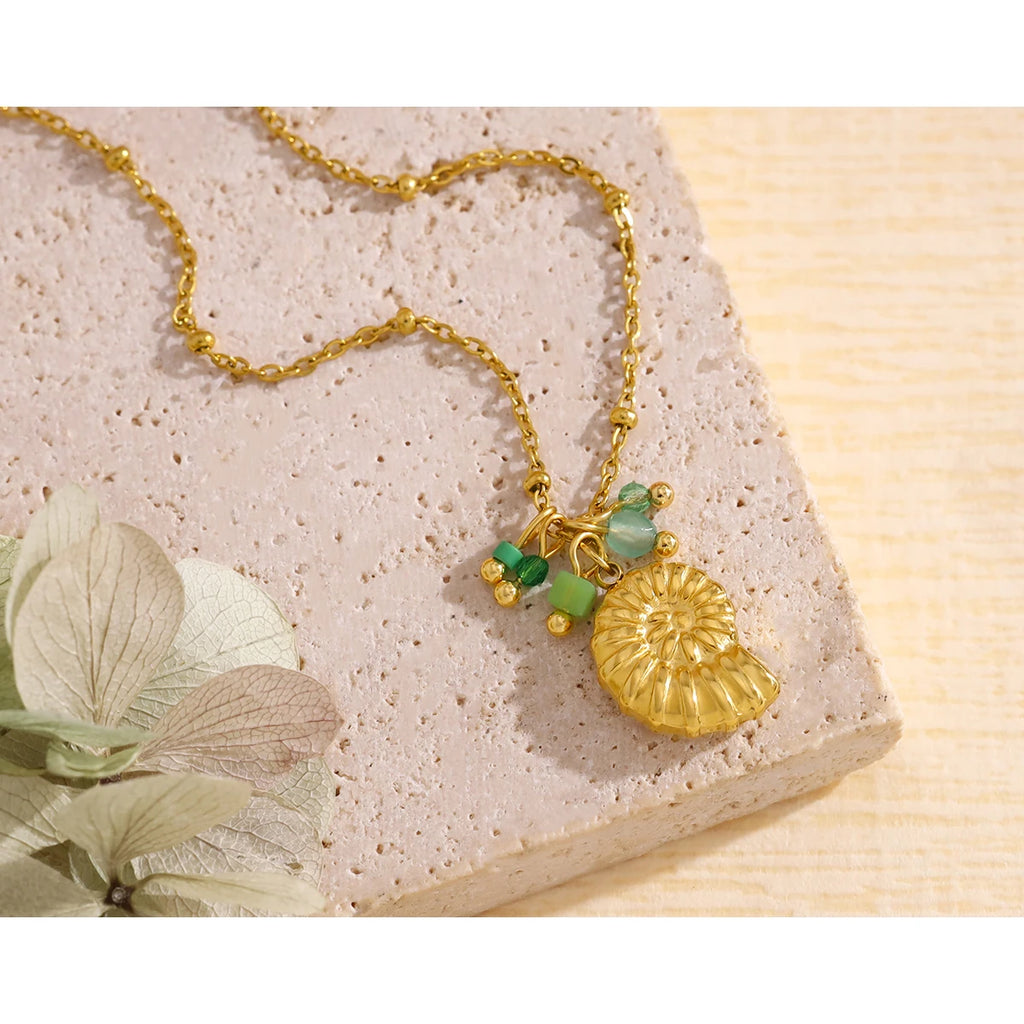 YACHAN Stainless Steel Conch Pendant Necklace for Women Exquisite Green Charms 18K Gold Plated Waterproof Jewelry