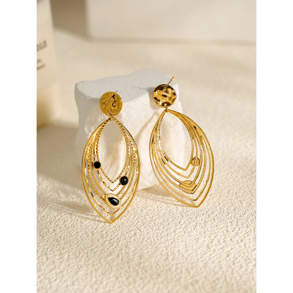 YACHAN Luxury Black Natural Stone Stainless Steel Drop Earrings for Women 18K Gold Plated Dangle Earrings Aesthetic Jewelry