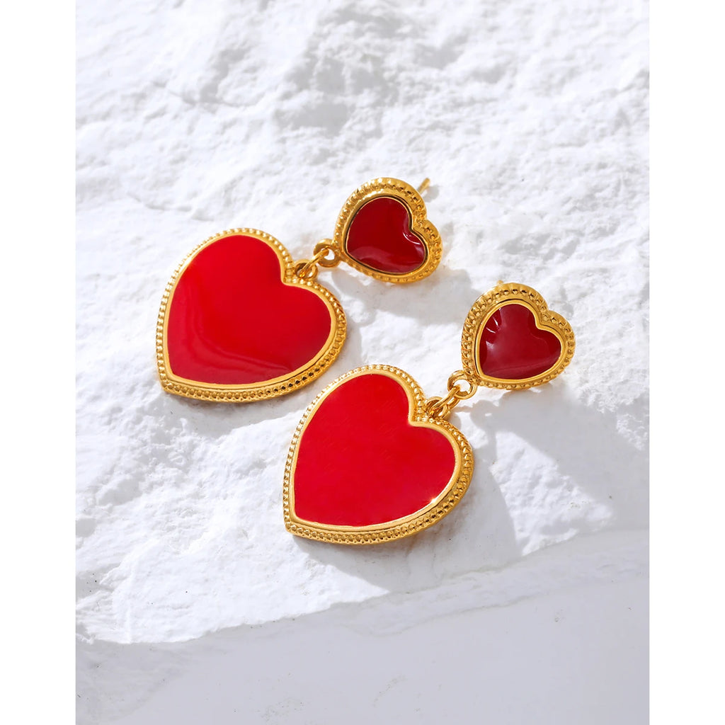 YACHAN Red Enamel Heart Stainless Steel Drop Earrings for Women Chic 18K Gold Plated Dangle Earring Waterproof Jewelry