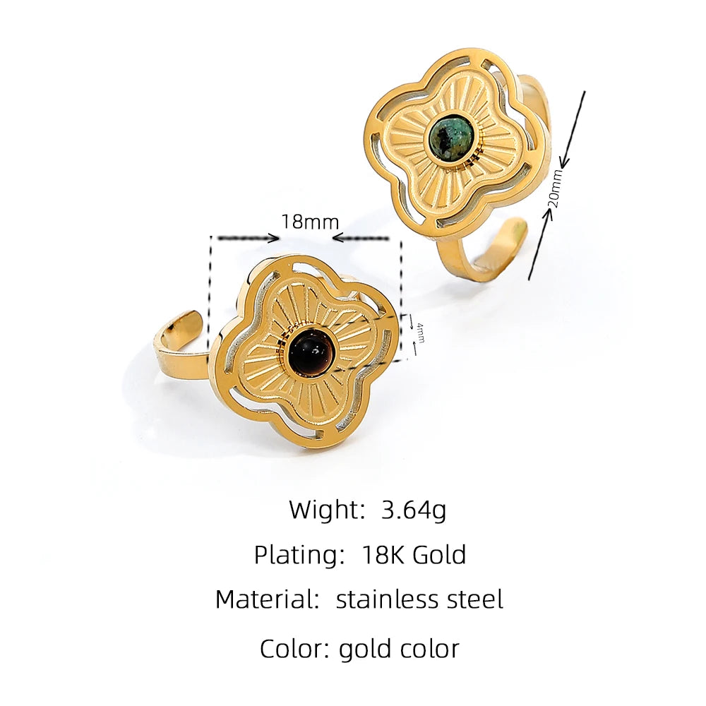 YACHAN Stainless Steel 18K Gold Plated Rings for Women Natural Stone Inlaid in Metal Texture Flowers Trendy Jewelry Gift