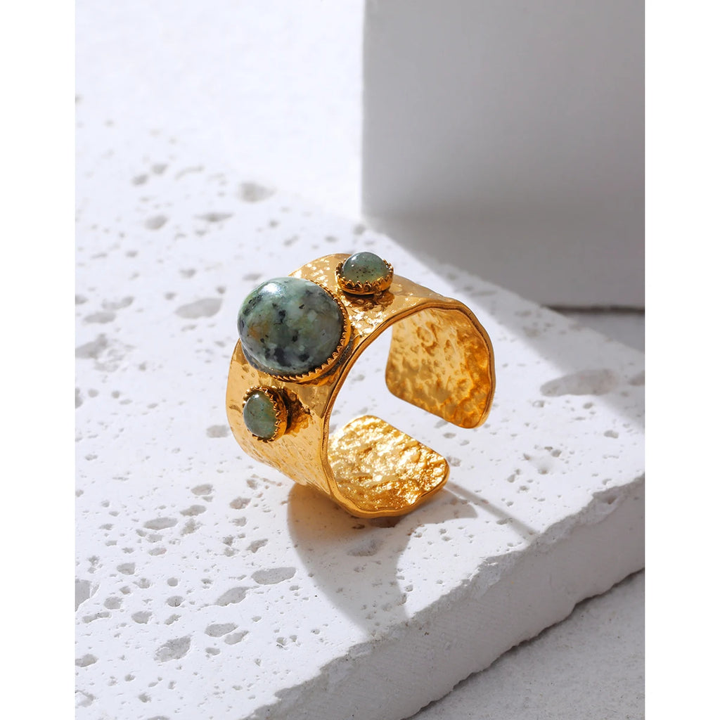 YACHAN 18K Gold Plated Stainless Steel Rings for Women Vintage Luxury Green Natural Stone Irregular Texture Trendy Jewelry