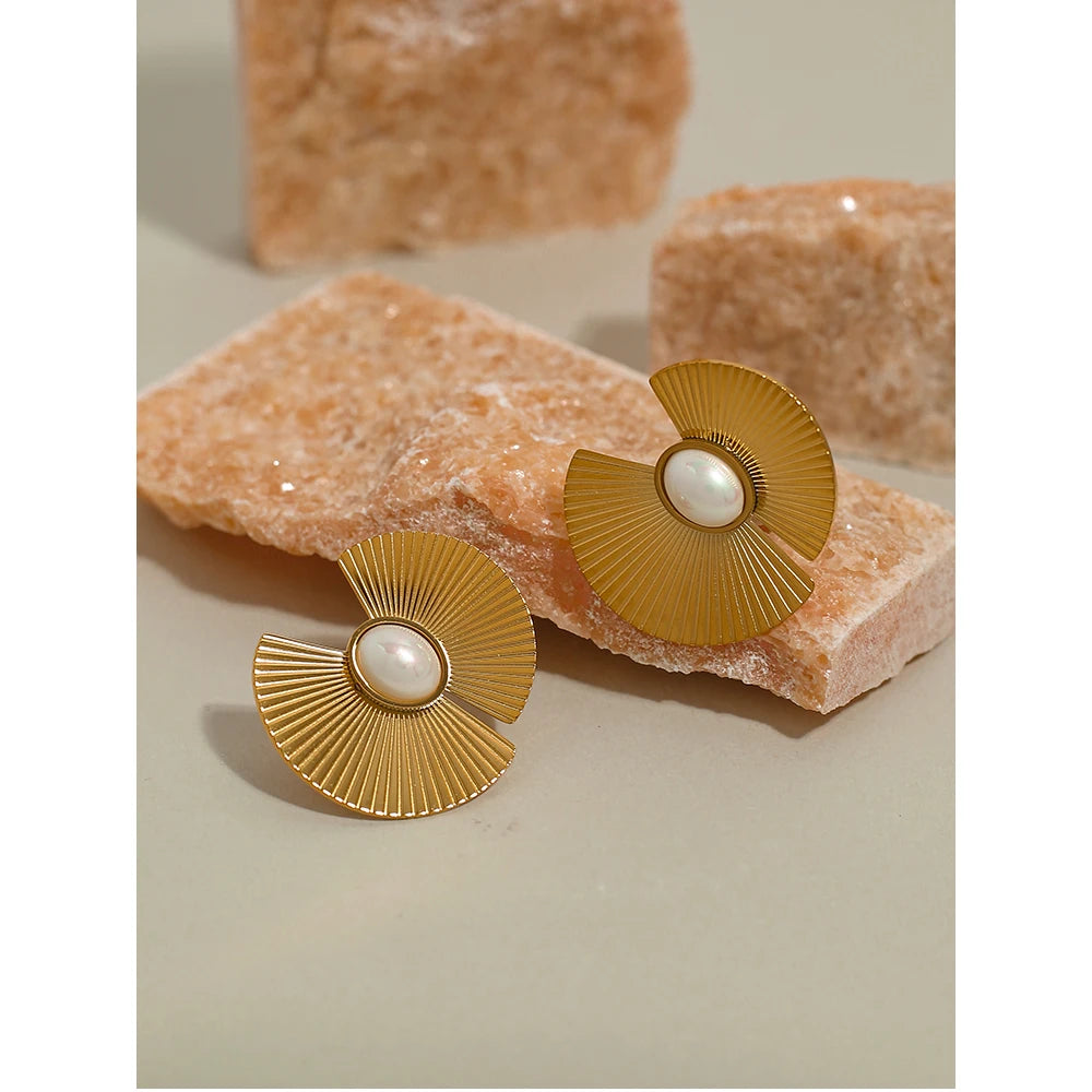 YACHAN Stainless Steel Big Stud Earrings for Women Imitation Pearl Flowers Hyperbolic Metal 18K Gold Plated Trendy Jewelry Gift