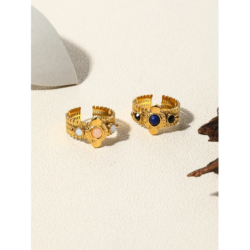 YACHAN Boho Vintage Stainless Steel Rings for Women Pink Natural Stone Lazurite 18K Gold Plated Aesthetic Trend Jewelry