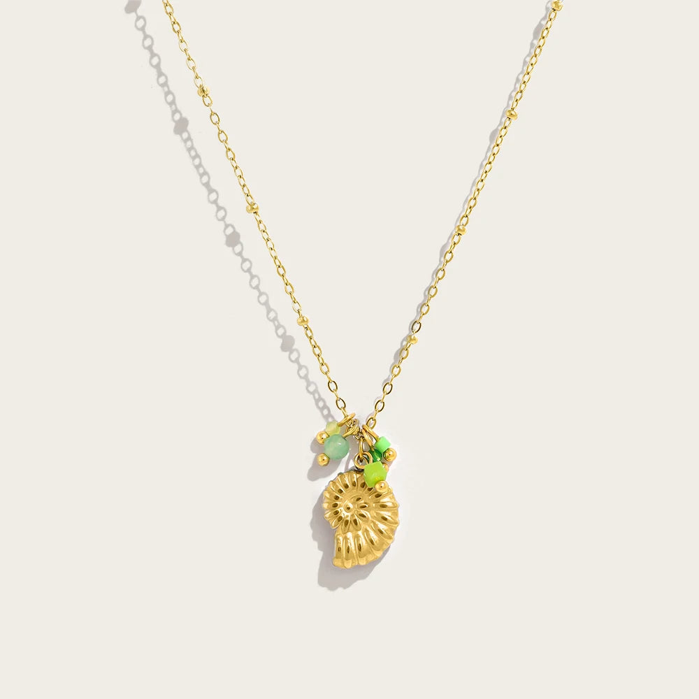 YACHAN Stainless Steel Conch Pendant Necklace for Women Exquisite Green Charms 18K Gold Plated Waterproof Jewelry