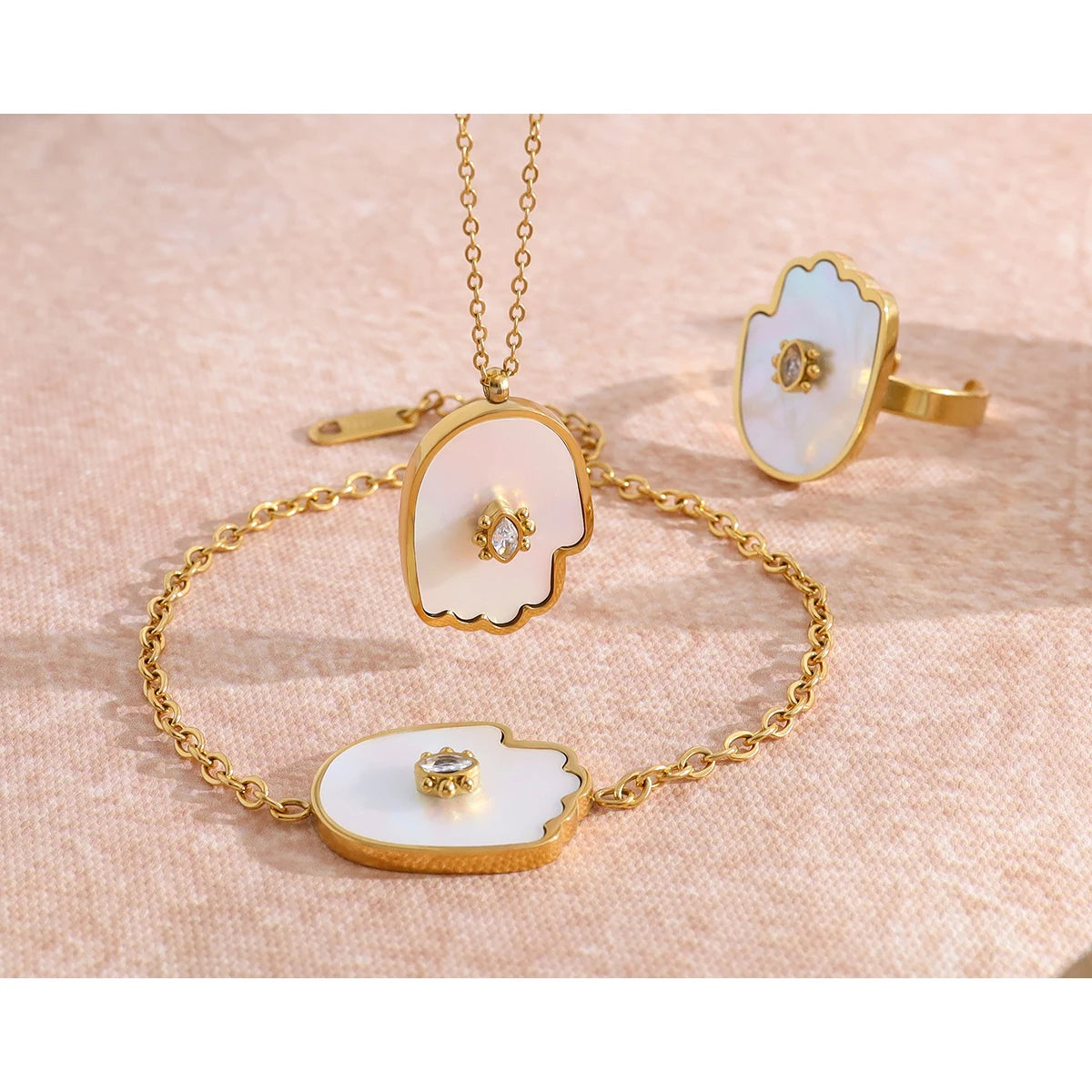 YACHAN Trendy Shell Crystal Charm Stainless Steel Necklace Bracelet Ring for Women 18K Gold Plated Jewelry Set Waterproof