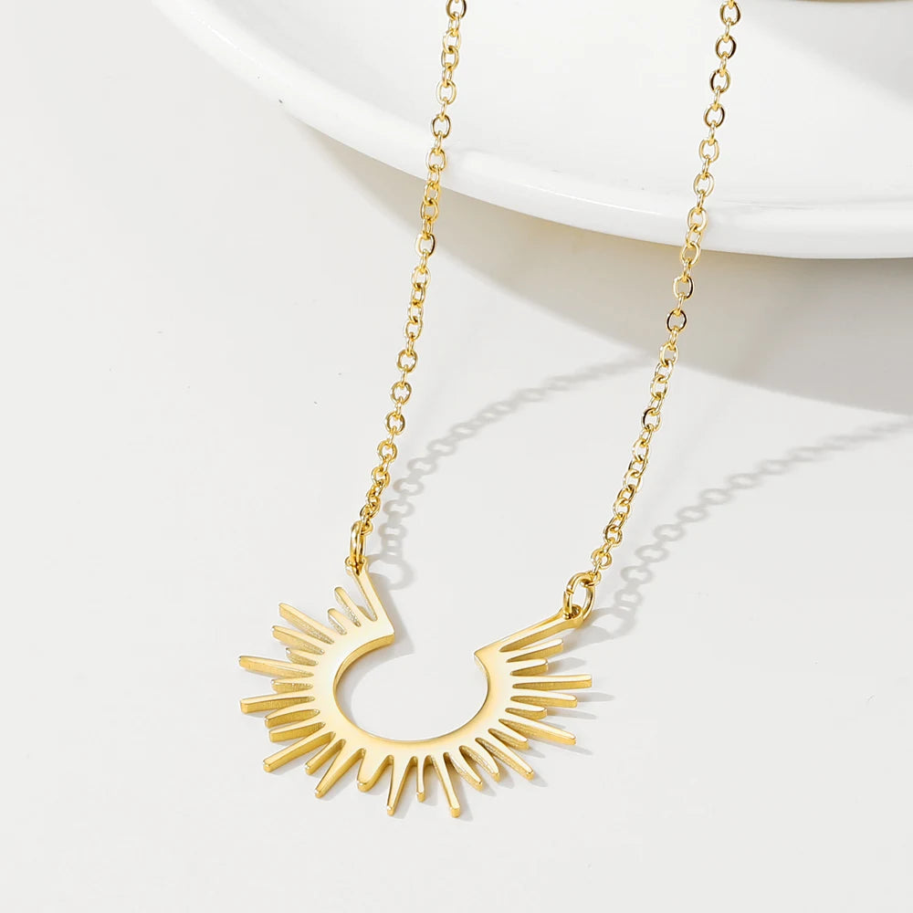 YACHAN Stainless Steel Chain Necklace for Woman Geometric Pendant Golden Half Circle Spiked Choker Necklaces Trendy Jewelry