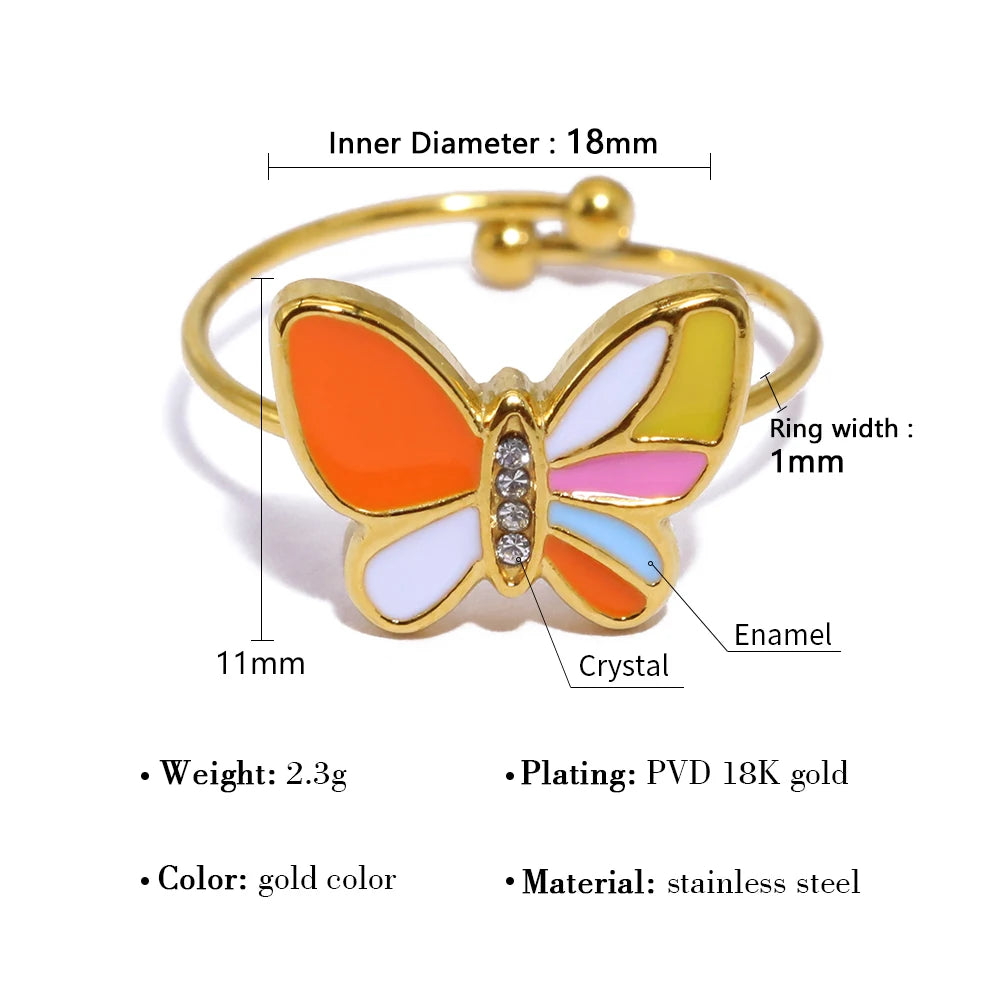 YACHAN Colorful Enamel Butterfly Stainless Steel Rings for Women Creative Cute 18K Gold Plated Jewelry Waterproof