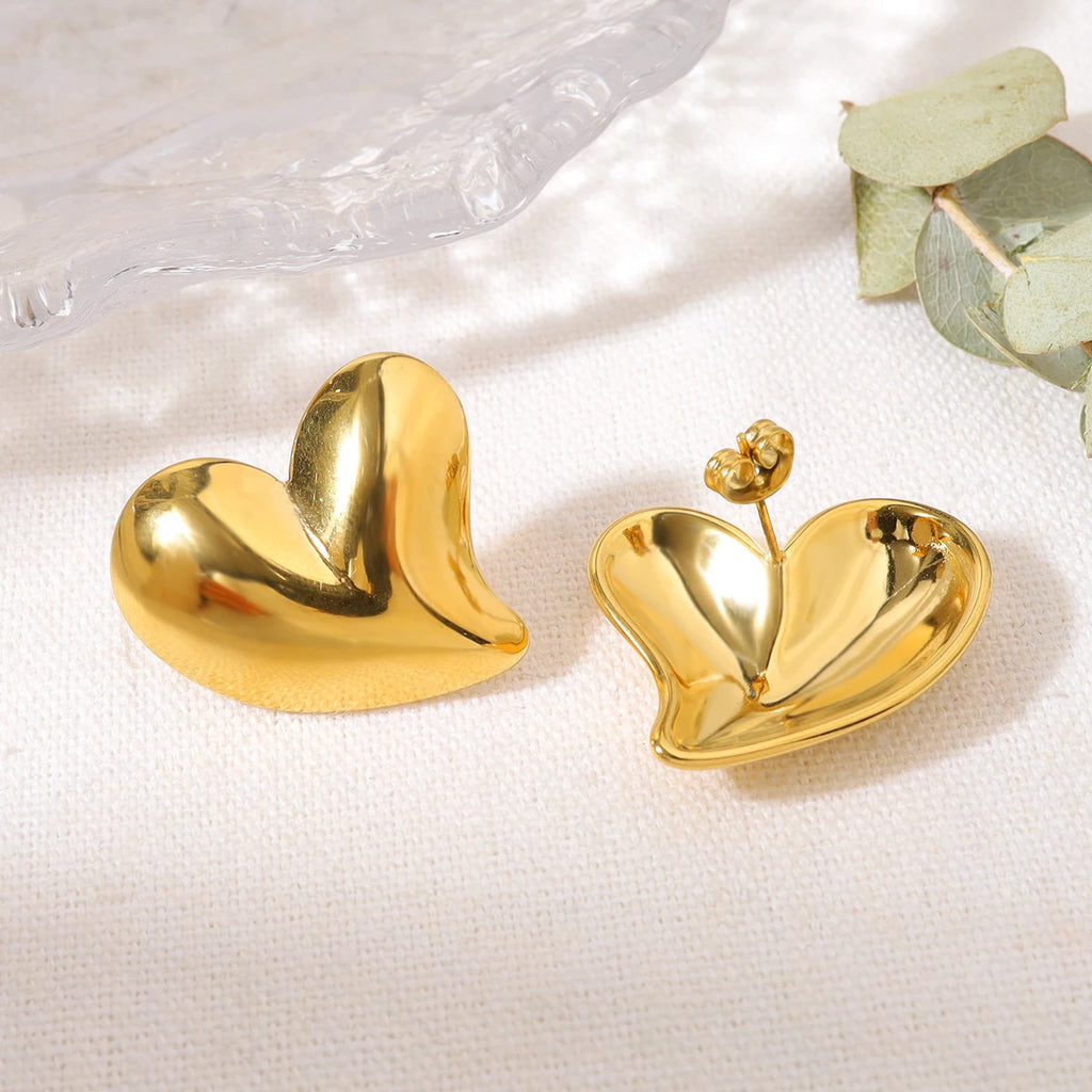 YACHAN Trendy Asymmetric Heart Stud Earrings for Women 18K Gold Plated Glossy Stainless Steel Jewelry