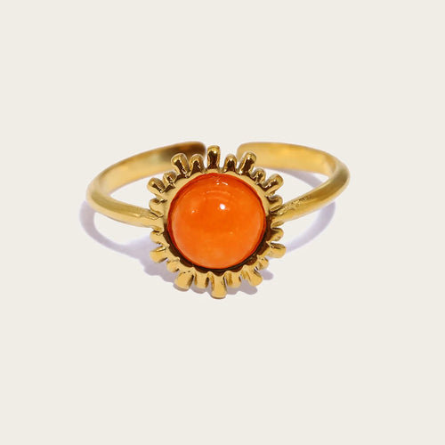 YACHAN Orange Natural Stone Stainless Steel Rings for Women Retro Luxury 18K Gold Plated Jewelry Waterproof