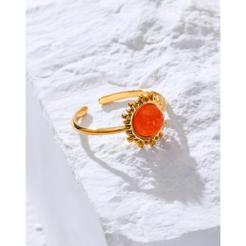 YACHAN Orange Natural Stone Stainless Steel Rings for Women Retro Luxury 18K Gold Plated Jewelry Waterproof
