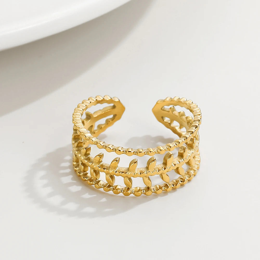 YACHAN Stainless Steel Gold Plated Rings for Women Adjustable Opening Simple Three Floors Leaves Ring Trendy Jewelry