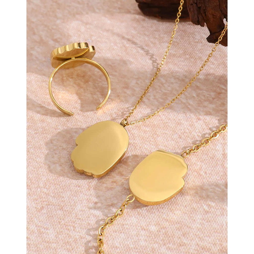 YACHAN Trendy Shell Crystal Charm Stainless Steel Necklace Bracelet Ring for Women 18K Gold Plated Jewelry Set Waterproof