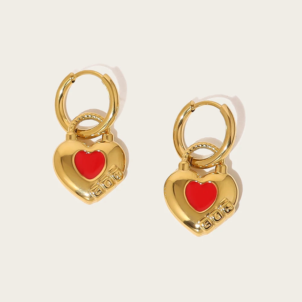 YACHAN Trendy 18K Gold Plated Stainless Steel Hoop Earrings for Women Red Enamel Heart Exquisite Chic Cute Jewelry