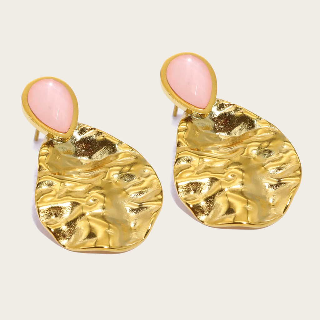 YACHAN 18K Gold Plated Irregular Stainless Steel Drop Earrings for Women Vintage Luxury Pink Natural Stone Exquisite Jewelry