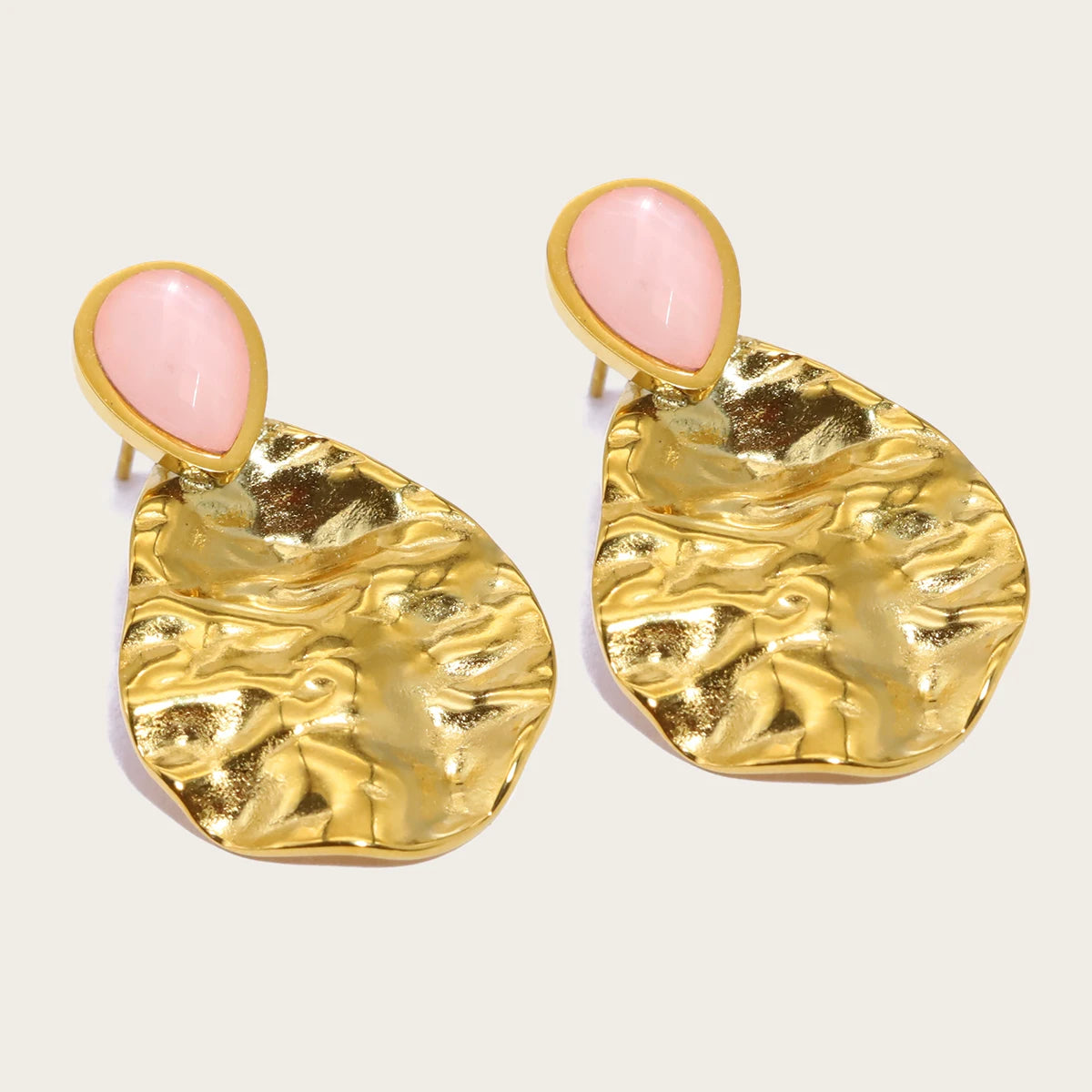 YACHAN 18K Gold Plated Irregular Stainless Steel Drop Earrings for Women Vintage Luxury Pink Natural Stone Exquisite Jewelry