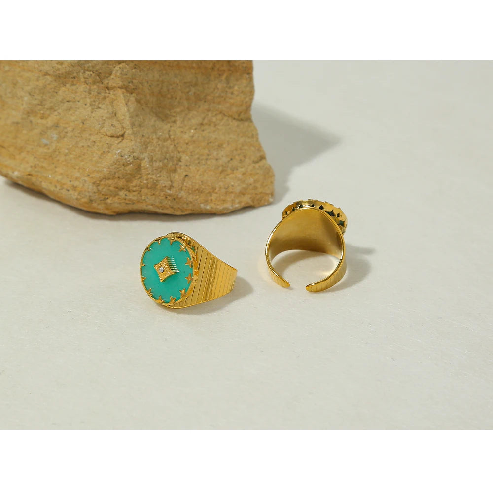 YACHAN 18K Gold-Plated Vintage Stainless Steel Rings for Women Natural Stone African Turquoise Waterproof Trendy Jewelry