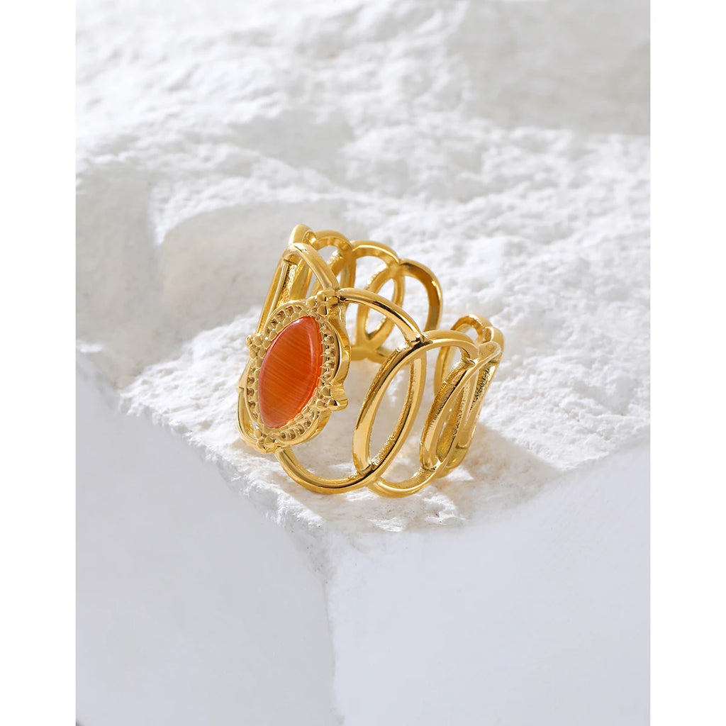 YACHAN 18K Gold Plated Stainless Steel Rings for Women Luxury Opal Vintage Aesthetic Designer Jewelry Waterproof