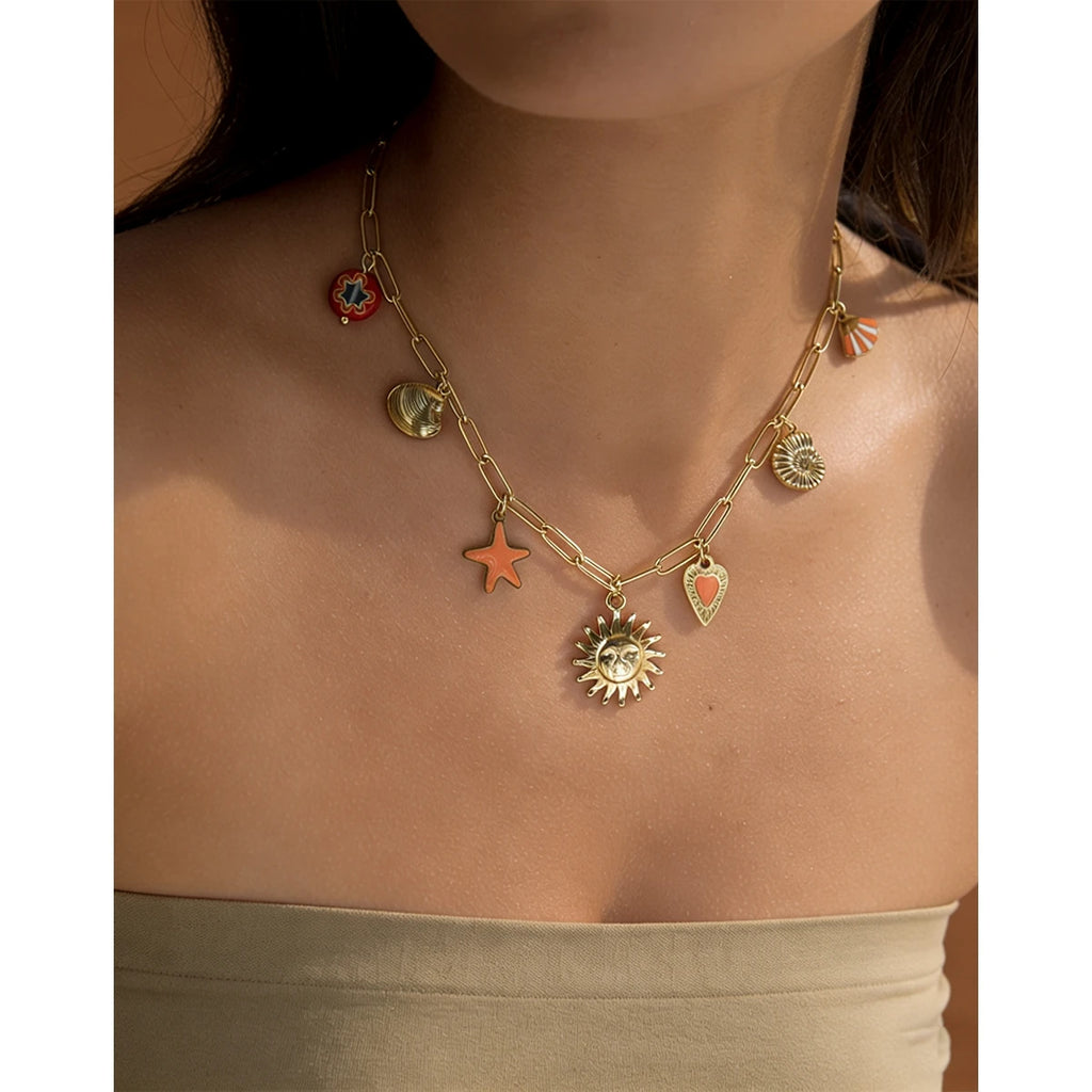 YACHAN Ocean Series Stainless Steel Charms Necklace for Women Vintage Trendy 18K Gold Plated Vacation Jewelry Waterproof