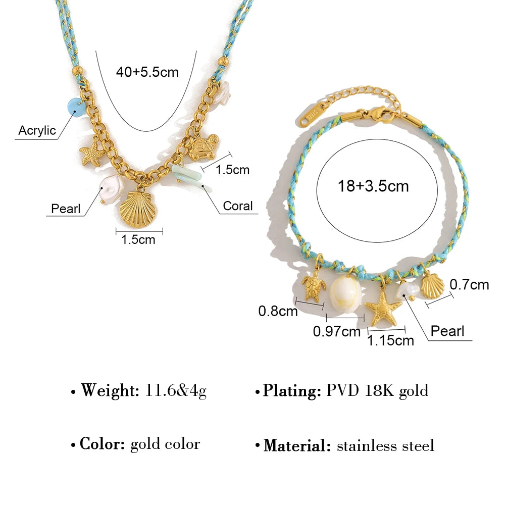 YACHAN Boho Ocean Pendant Necklace for Women 18K Gold Plated Stainless Steel Charms Vintage Bracelet Jewelry Set Waterproof