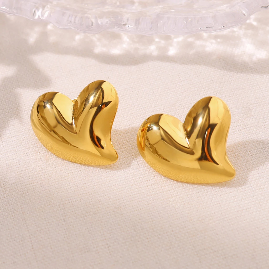 YACHAN Trendy Asymmetric Heart Stud Earrings for Women 18K Gold Plated Glossy Stainless Steel Jewelry