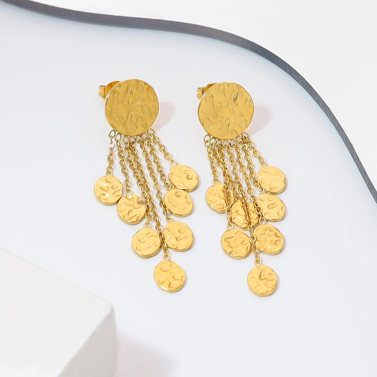 YACHAN 18K Gold Plated Stainless Steel Drop Earrings for Women Irregular Hammered Texture Charms Trendy Waterproof Jewelry