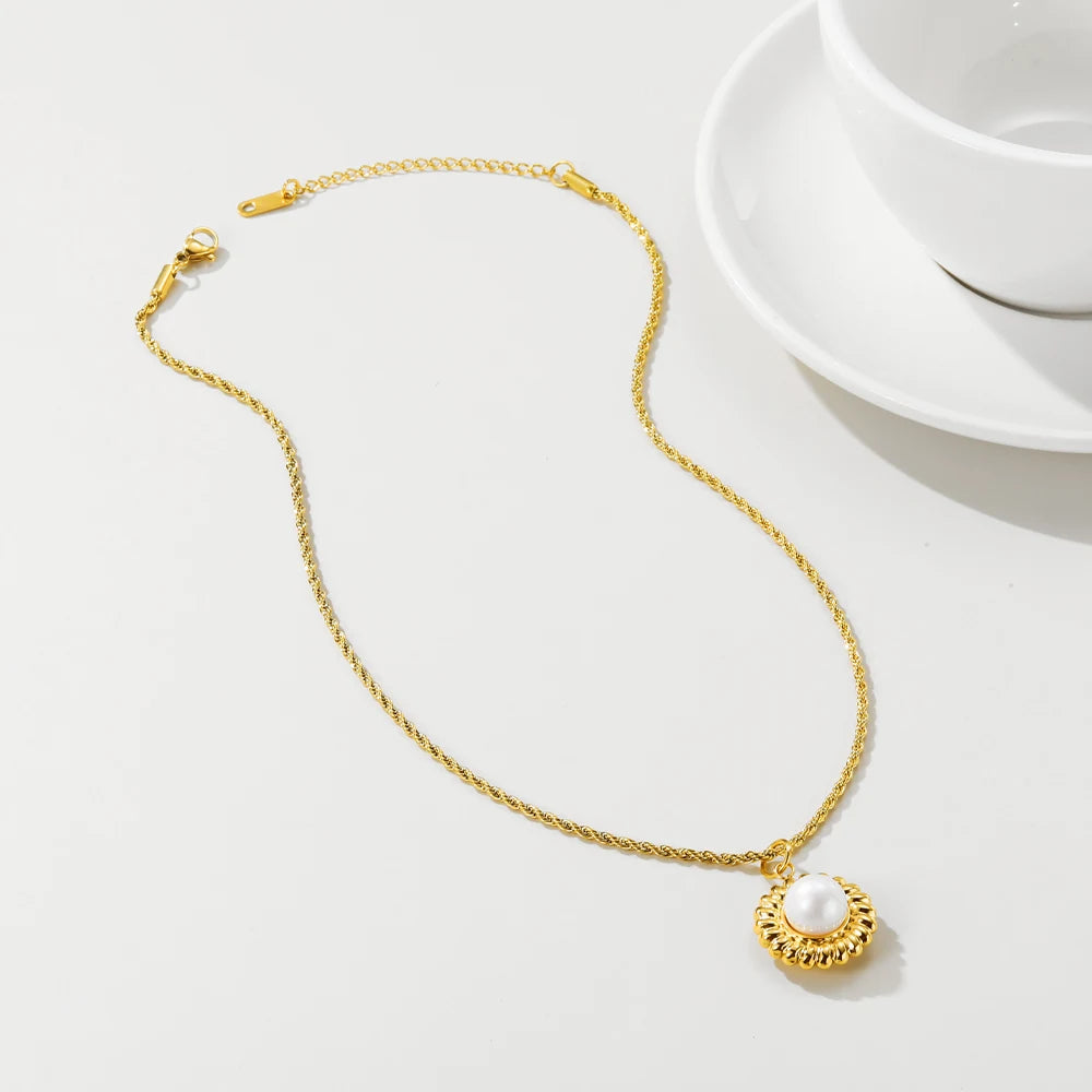 YACHAN Simple Stainless Steel Rope Chains Necklace for Women Pearl round Metal Pendant 18K Gold Plated Necklaces Jewelry Gift