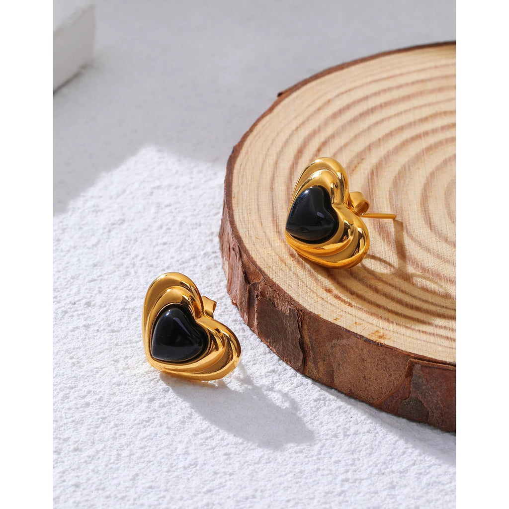 YACHAN New in Black Stone Heart Stainless Steel Stud Earrings for Women Trendy Simple Classic Piercing Earring Jewelry