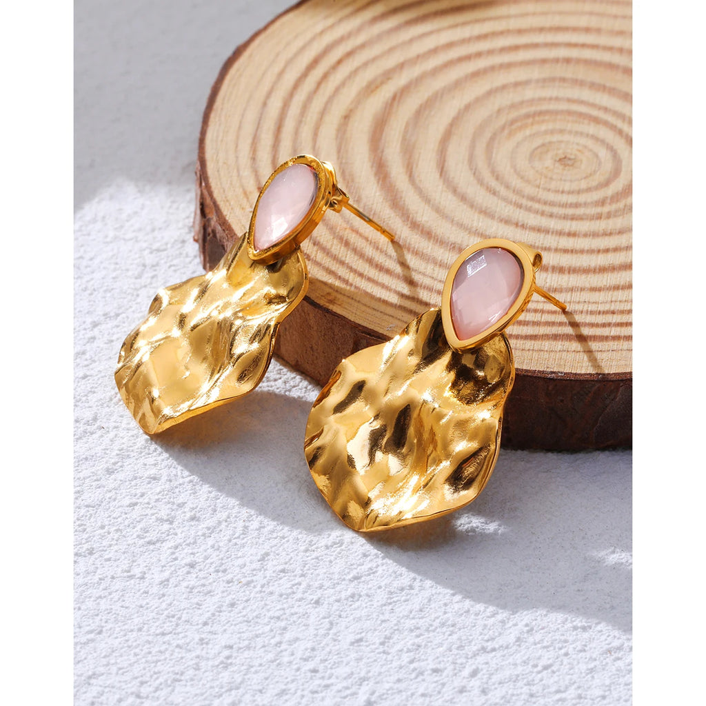 YACHAN 18K Gold Plated Irregular Stainless Steel Drop Earrings for Women Vintage Luxury Pink Natural Stone Exquisite Jewelry