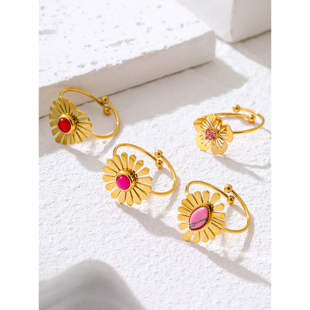 YACHAN Luxury Pink Natural Stone Stainless Steel Rings for Women Geometric Heart Flower Charming Chic Jewelry