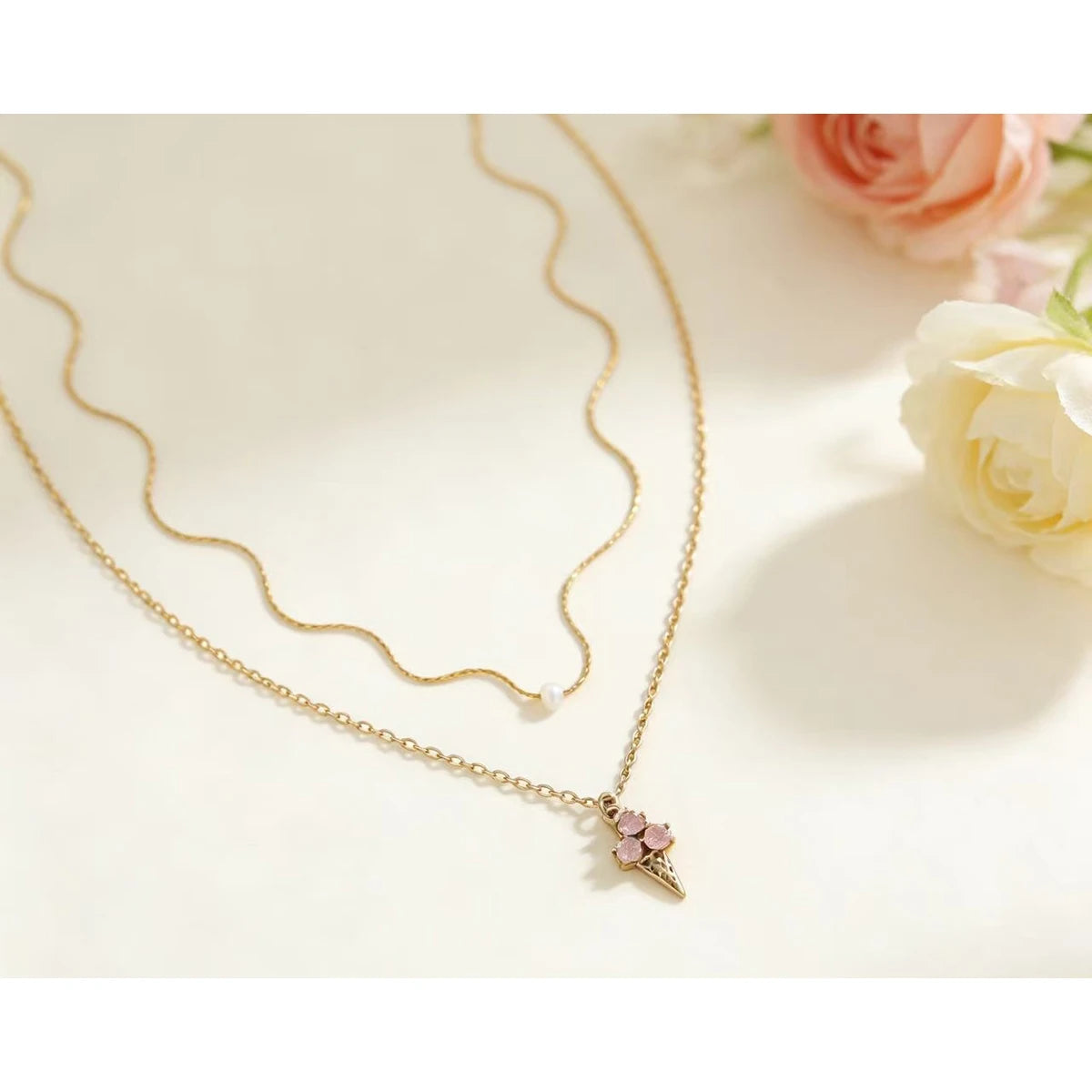 YACHAN Trendy Pink Crystal Ice Cream Pendant Necklace for Women Chic Cute Charm 18K Gold Plated Stainless Steel Jewelry