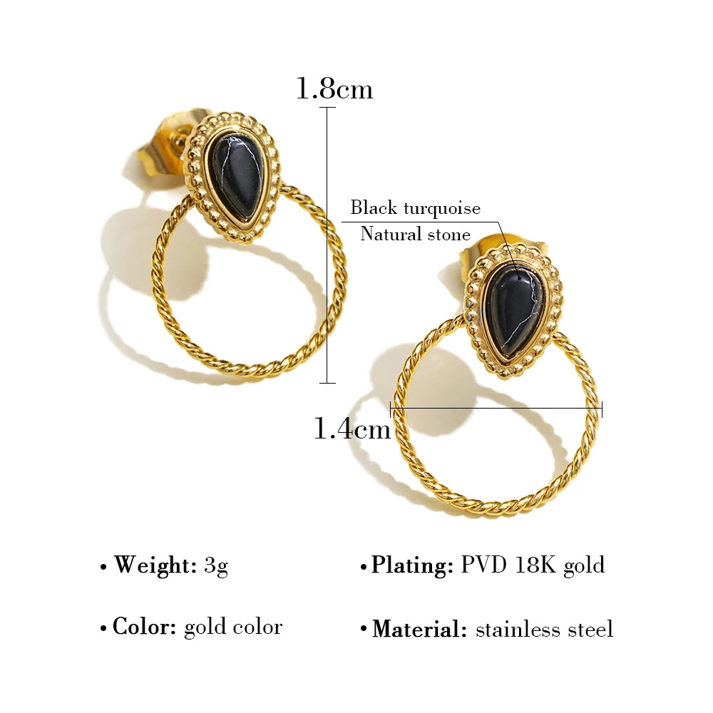 YACHAN Vintage Luxury Natural Stone Stainless Steel Stud Earrings for Women Simple Geometry 18K Gold Plated Waterproof Jewelry