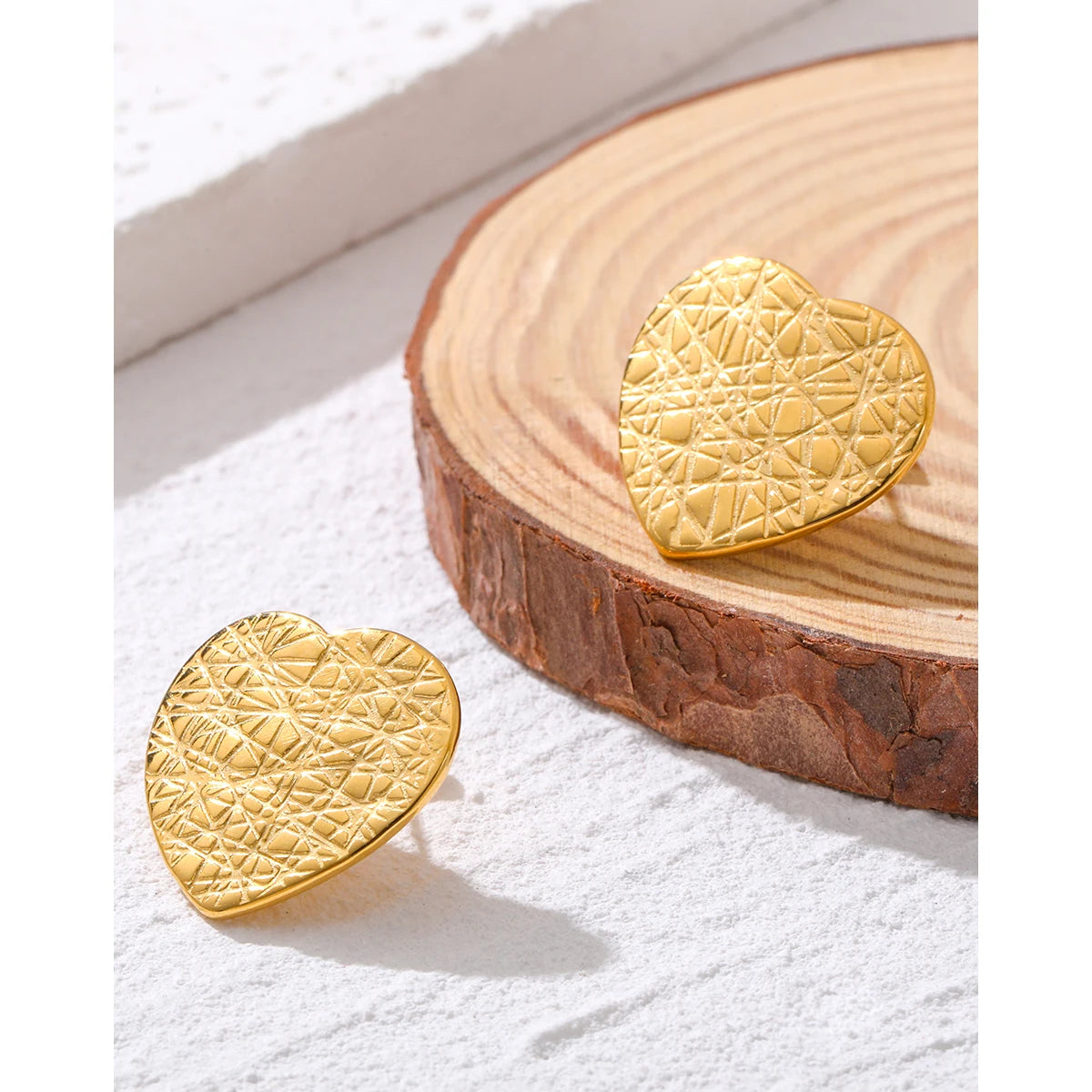 YACHAN Trendy 18K Gold Plated Stainless Steel Heart Stud Earrings for Women Individual Irregular Knife Cut Metal Texture Jewelry