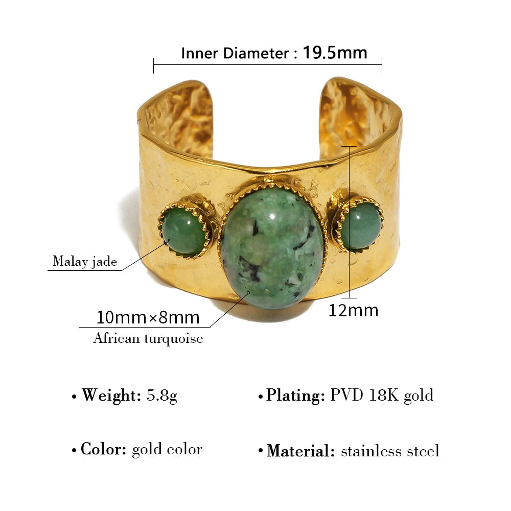 YACHAN 18K Gold Plated Stainless Steel Rings for Women Vintage Luxury Green Natural Stone Irregular Texture Trendy Jewelry