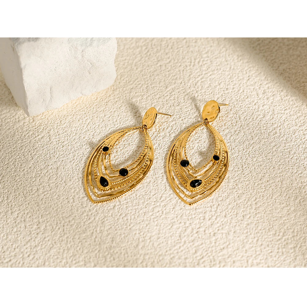 YACHAN Luxury Black Natural Stone Stainless Steel Drop Earrings for Women 18K Gold Plated Dangle Earrings Aesthetic Jewelry