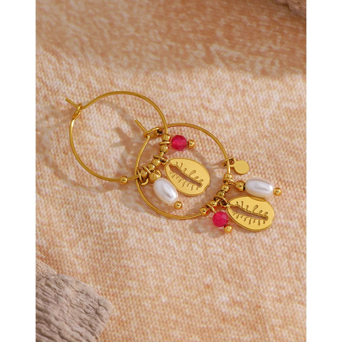 YACHAN 18K Gold Plated Stainless Steel Hoop Earrings for Women Vintage Chic Shell Pearl Charms Trendy Waterproof Jewelry