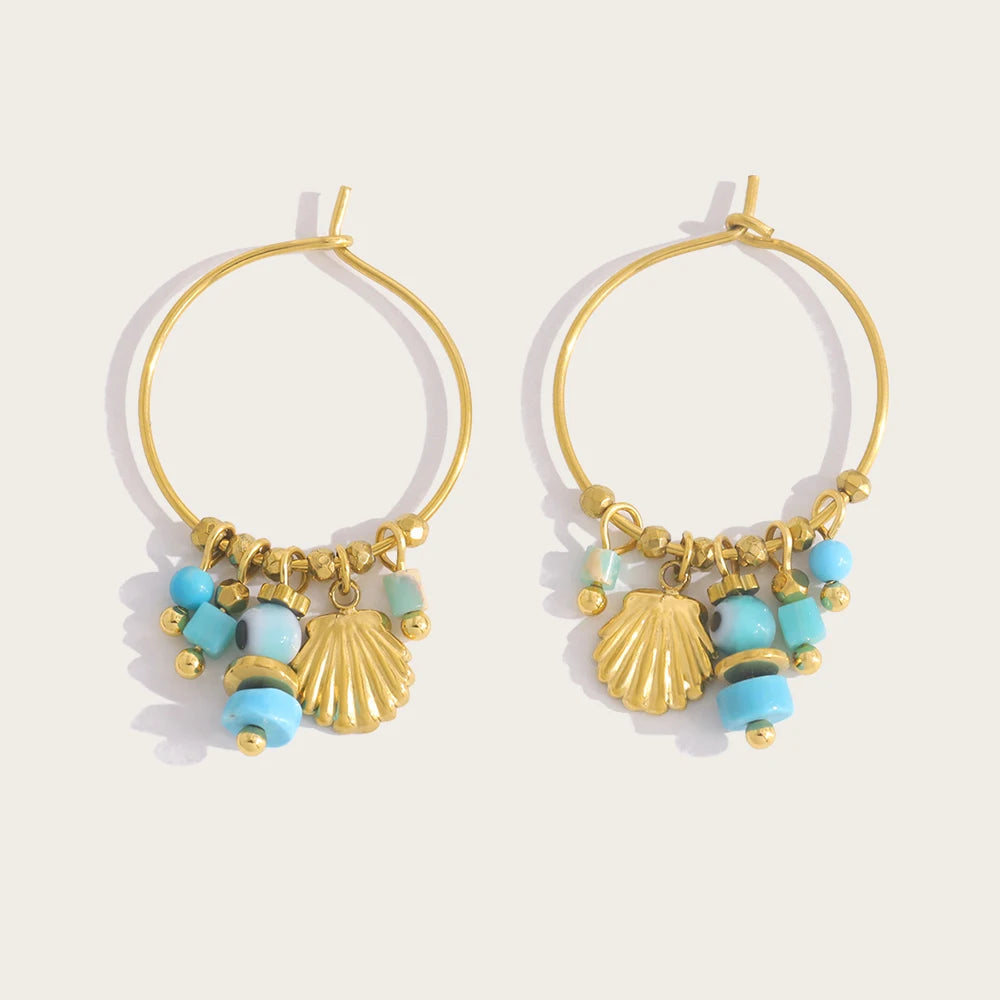 YACHAN Vintage Blue Stone Stainless Steel Hoop Earrings for Women Chic Charms Exquisite 18K Gold Plated Jewelry