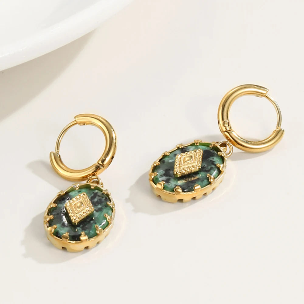 YACHAN Stainless Steel Drop Earrings for Women African Turquoise Natural Stone 18K Gold Plated Hoop Earring Trendy Jewelry Gift