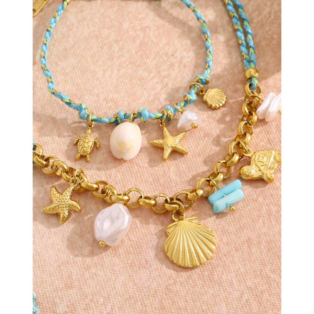 YACHAN Boho Ocean Pendant Necklace for Women 18K Gold Plated Stainless Steel Charms Vintage Bracelet Jewelry Set Waterproof