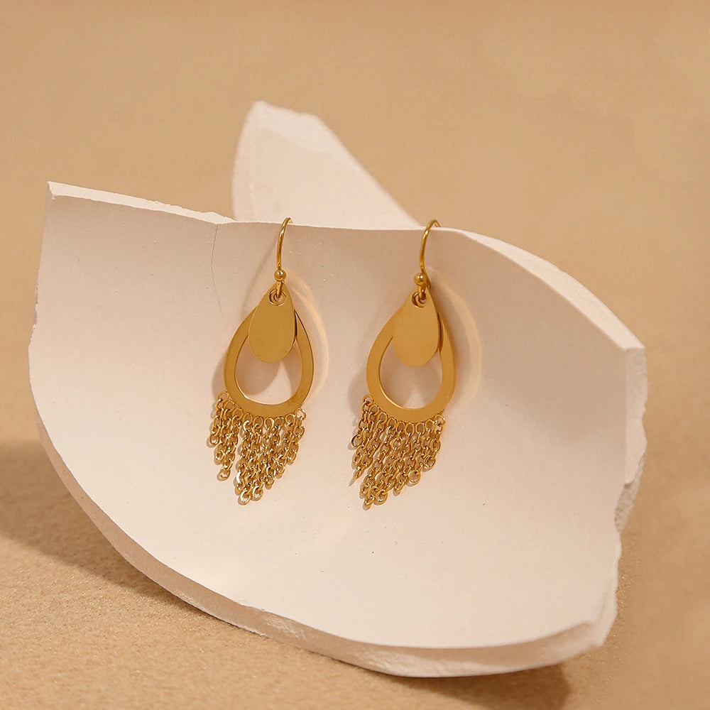 YACHAN 18K Gold Plated Stainless Steel Water Drop Earrings for Women Elegant Chains Tassel Dangle Earring Trendy Jewelry Gift