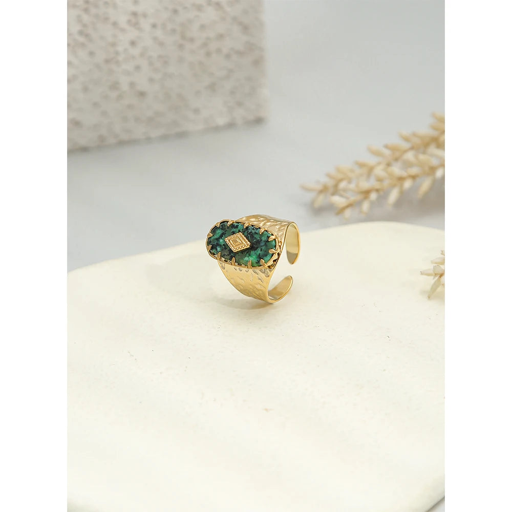 YACHAN Stainless Steel Wide Rings for Women 18 K Gold Plated Tap Metal Texture Natural Stone Wide Ring Trendy Jewelry Gift