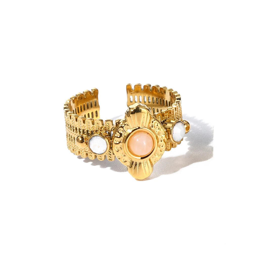 YACHAN Boho Vintage Stainless Steel Rings for Women Pink Natural Stone Lazurite 18K Gold Plated Aesthetic Trend Jewelry