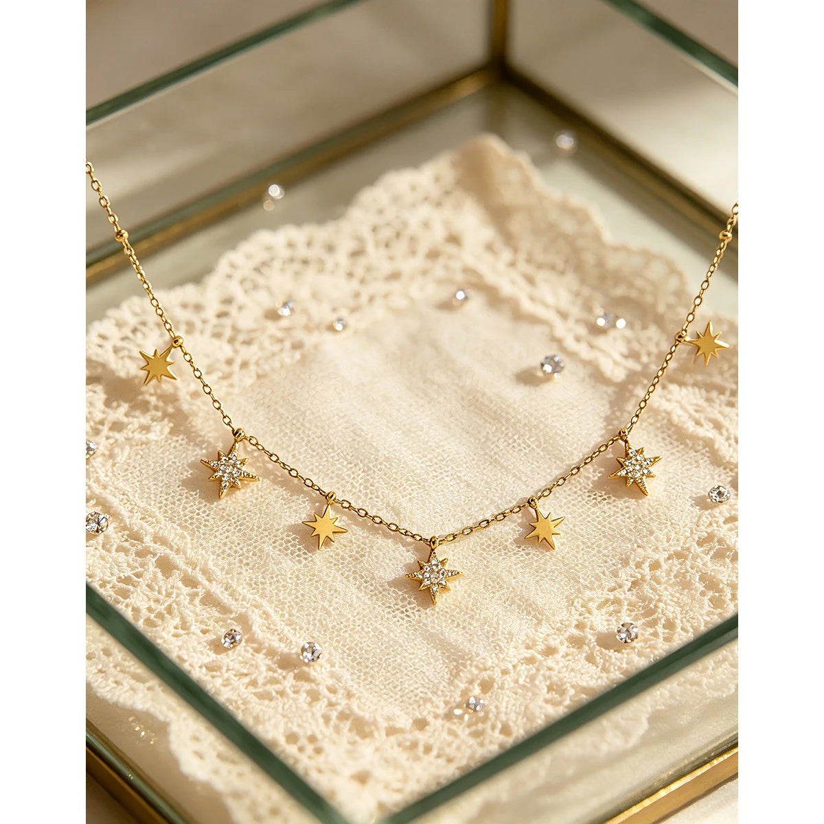 YACHAN 18K Gold Plated Stainless Steel North Star Pendant Necklace for Women Shiny Clavicle Chain Choker Tarnish Free Jewelry