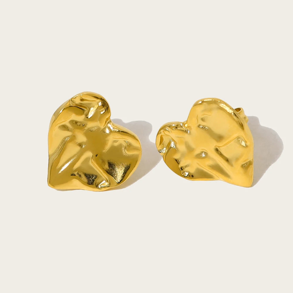 YACHAN Stainless Steel Love Heart Stud Earrings for Women Irregular Metal Texture Trendy Vintage Waterproof Jewelry