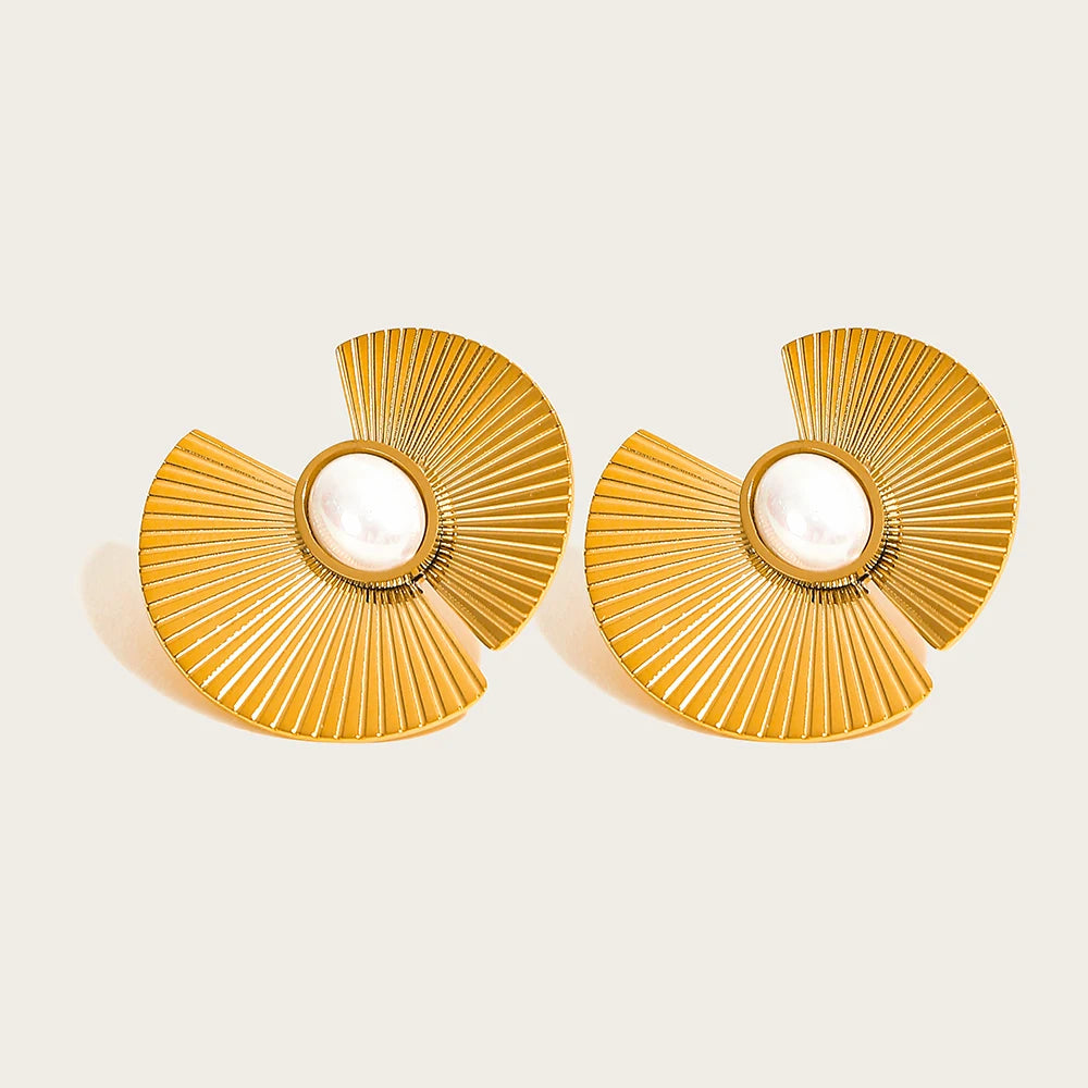 YACHAN Stainless Steel Big Stud Earrings for Women Imitation Pearl Flowers Hyperbolic Metal 18K Gold Plated Trendy Jewelry Gift