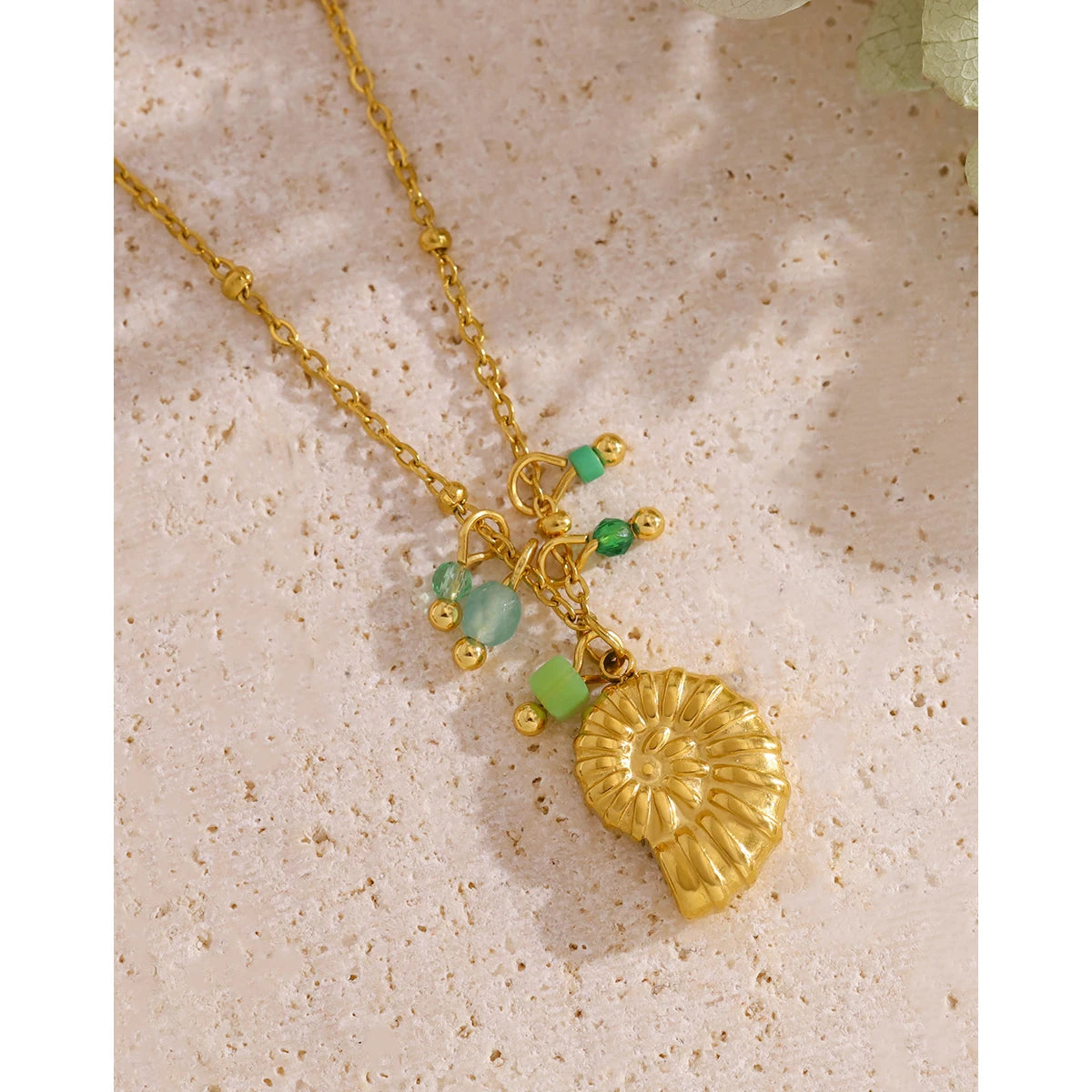 YACHAN Stainless Steel Conch Pendant Necklace for Women Exquisite Green Charms 18K Gold Plated Waterproof Jewelry