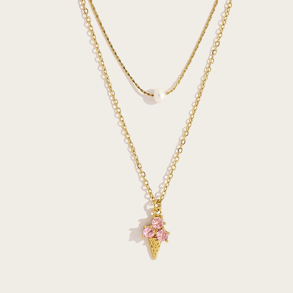 YACHAN Trendy Pink Crystal Ice Cream Pendant Necklace for Women Chic Cute Charm 18K Gold Plated Stainless Steel Jewelry