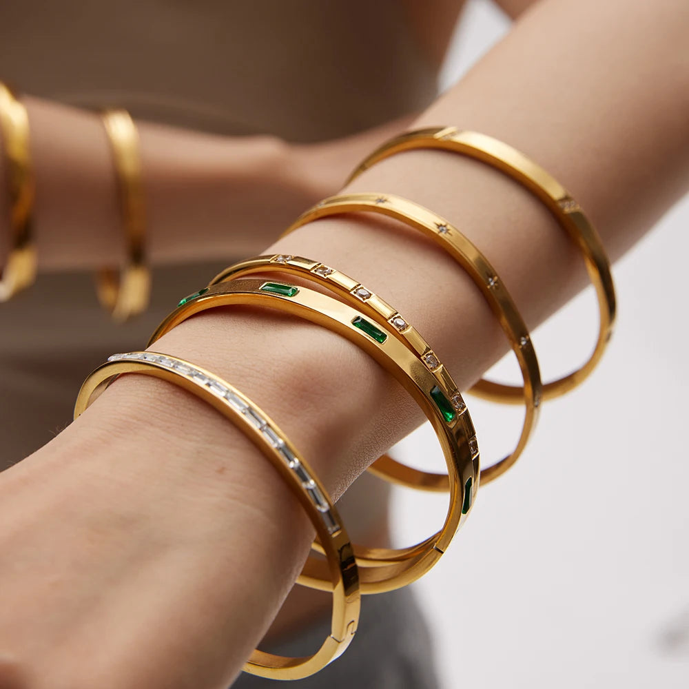 YACHAN Luxury 18K Gold Plated Zircon Crystal Stainless Steel Bracelets for Women Trend Simple Bangles Waterproof Jewelry