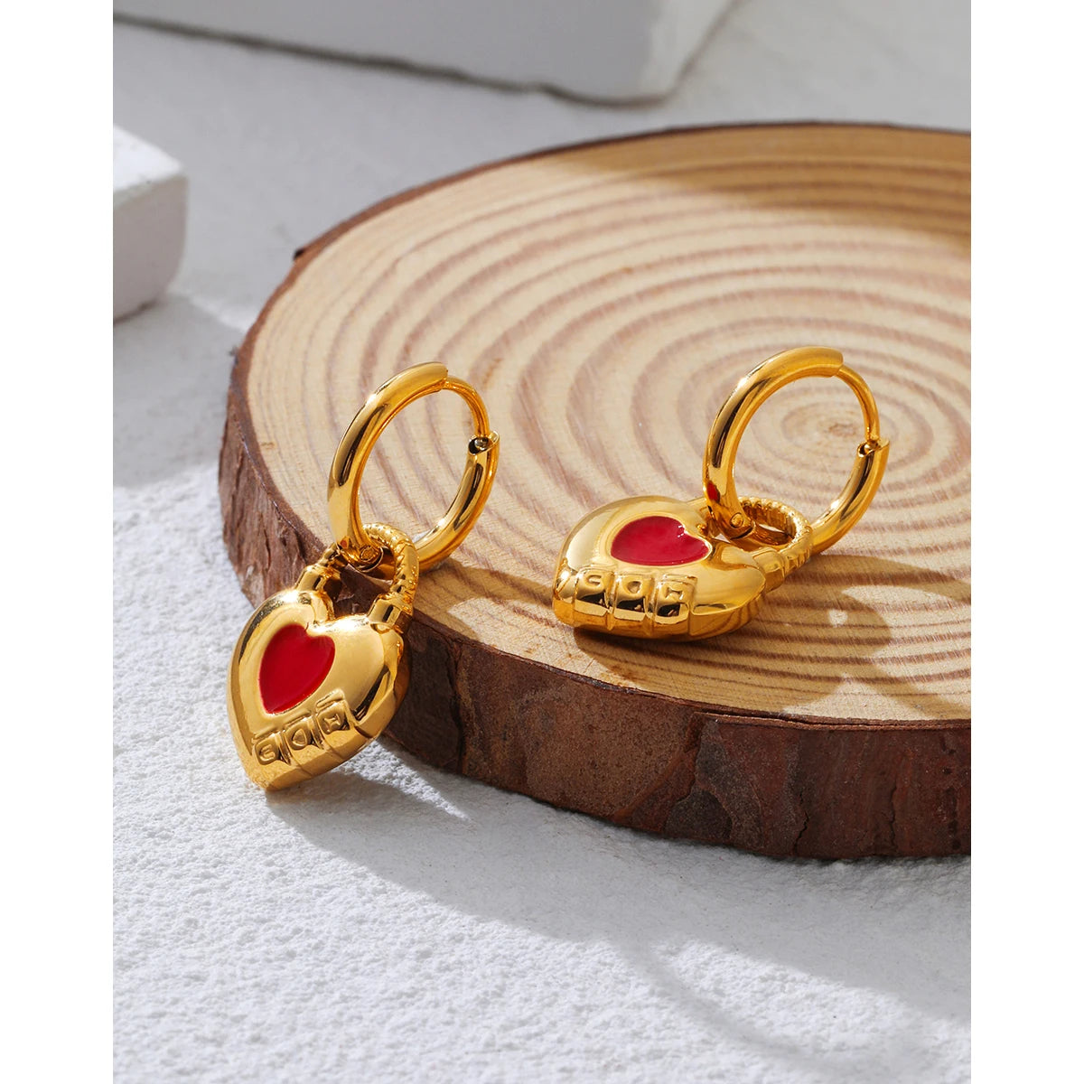 YACHAN Trendy 18K Gold Plated Stainless Steel Hoop Earrings for Women Red Enamel Heart Exquisite Chic Cute Jewelry
