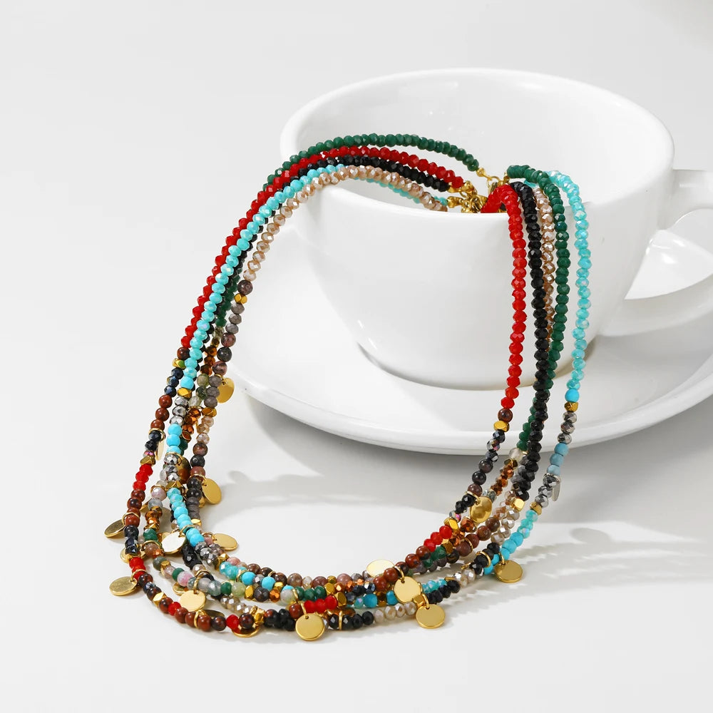 YACHAN Bohemia Colorful Acrylic Beaded Necklace for Women Handmade Bead Stainless Steel round Pendant Necklaces Trendy Jewelry